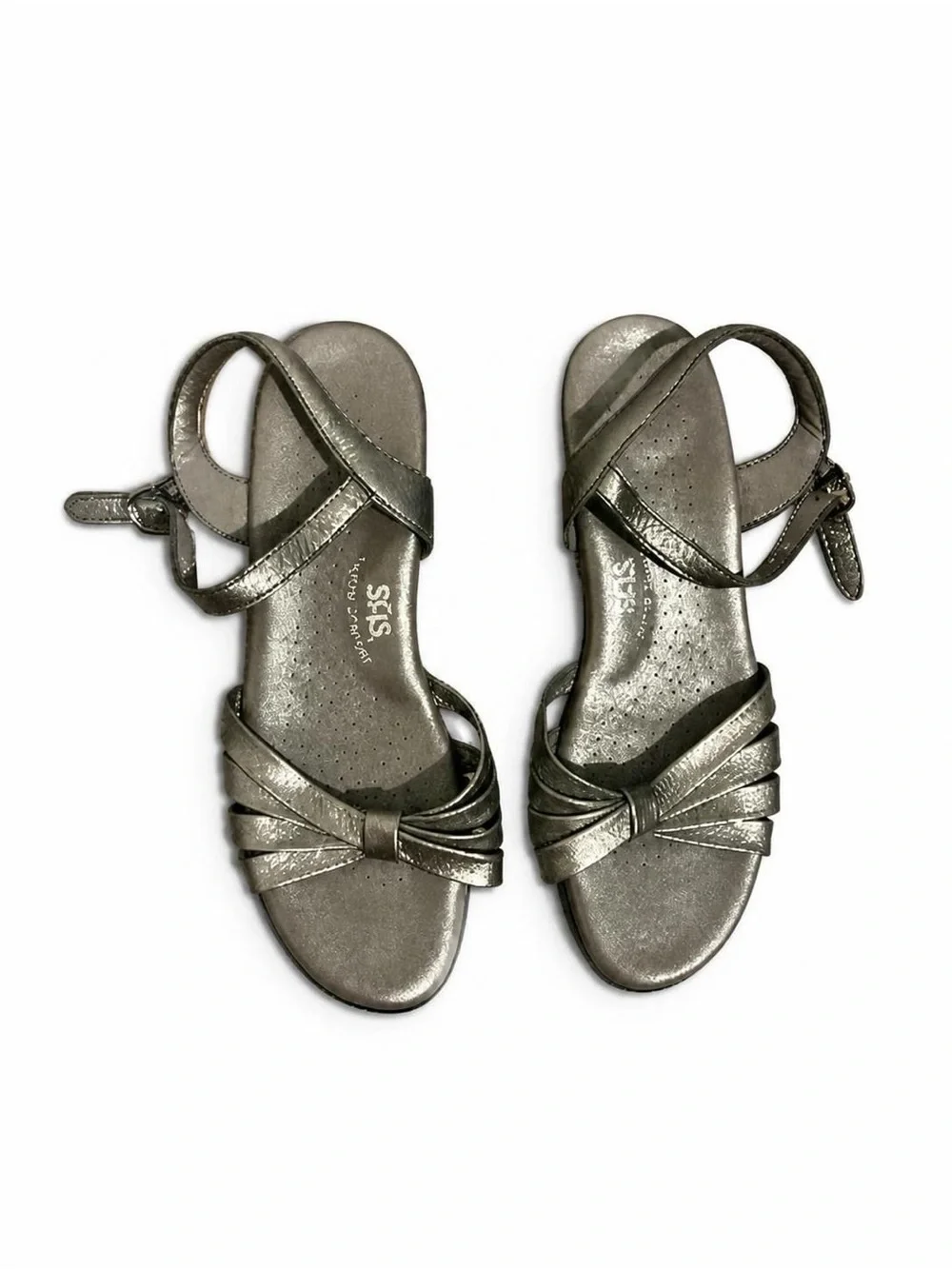 SAS Metallic Pewter Silver Knot-Front Ankle-Strap Sandals